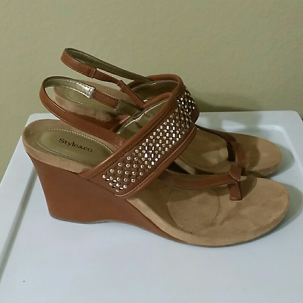 Worn once, brown with gold accents wedges