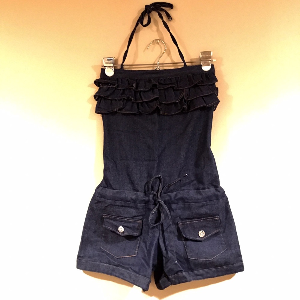 Lightweight Dark Blue Denim Ruffle Halter Romper