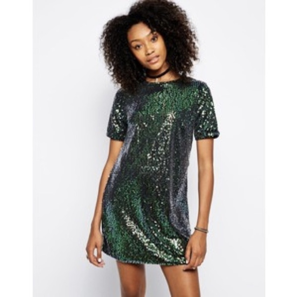 Green and Blue Sequin Motel T-Shirt Dress