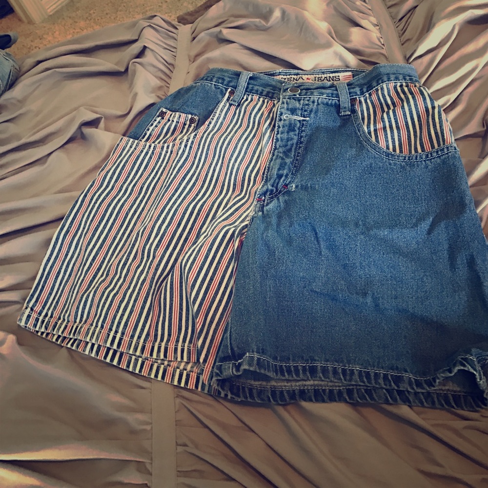 Jean shorts with one leg in red white and blue