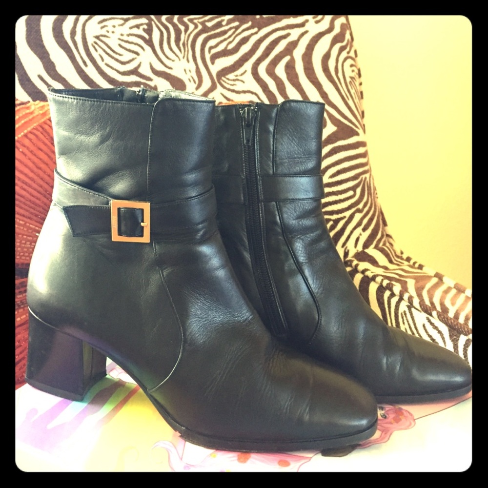 Black Leather Bally Ankle Boots Chunky Heels