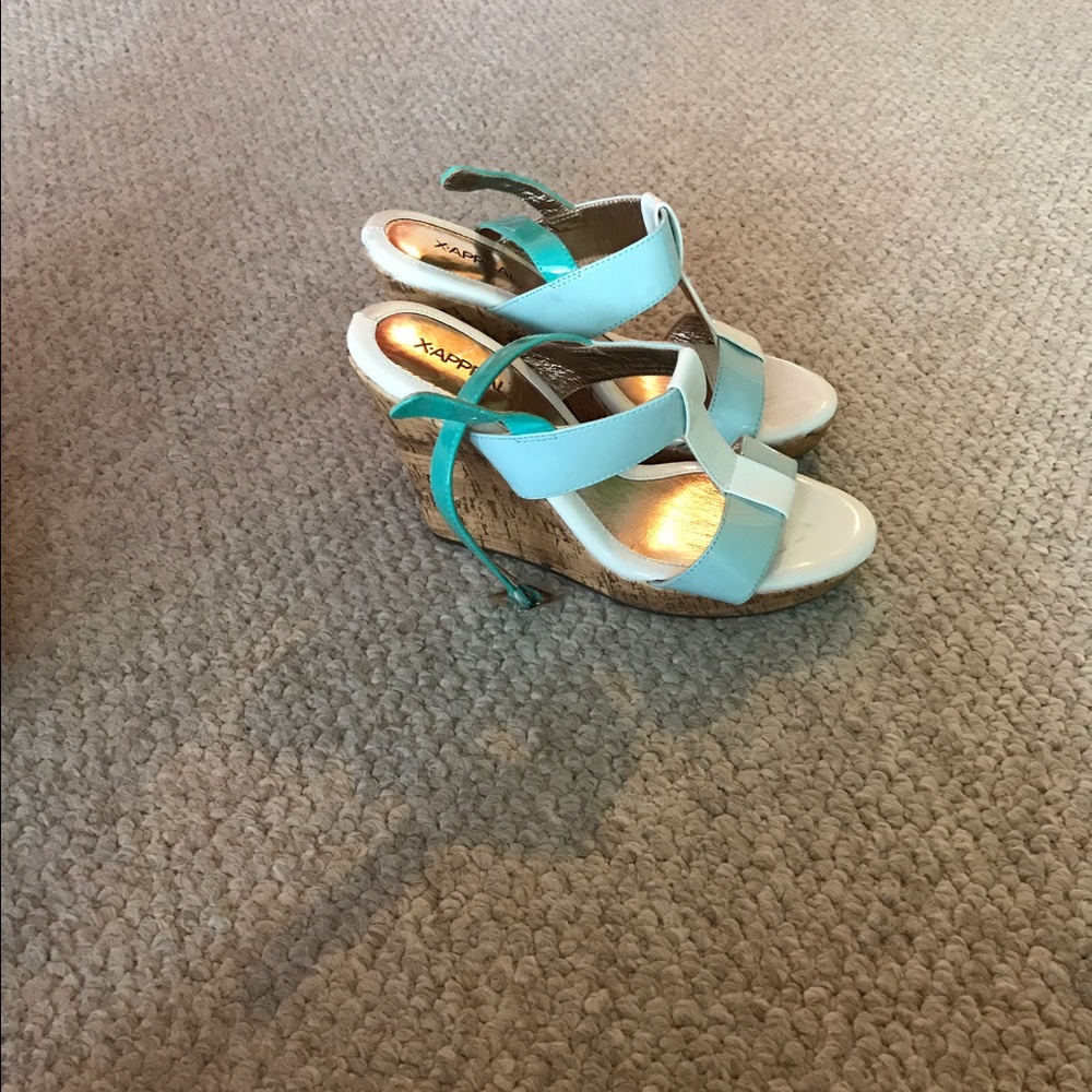 Very cute strappy blue, green and wide wedge heels