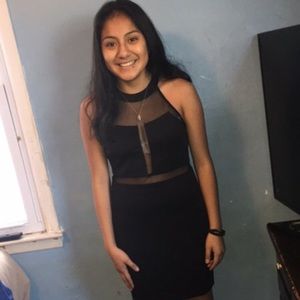 Black Mini Dress - High Neck & Mesh Cutouts