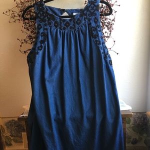 Denim midi dress with embroidered neckline