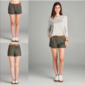 Belted Woven Olive Shorts