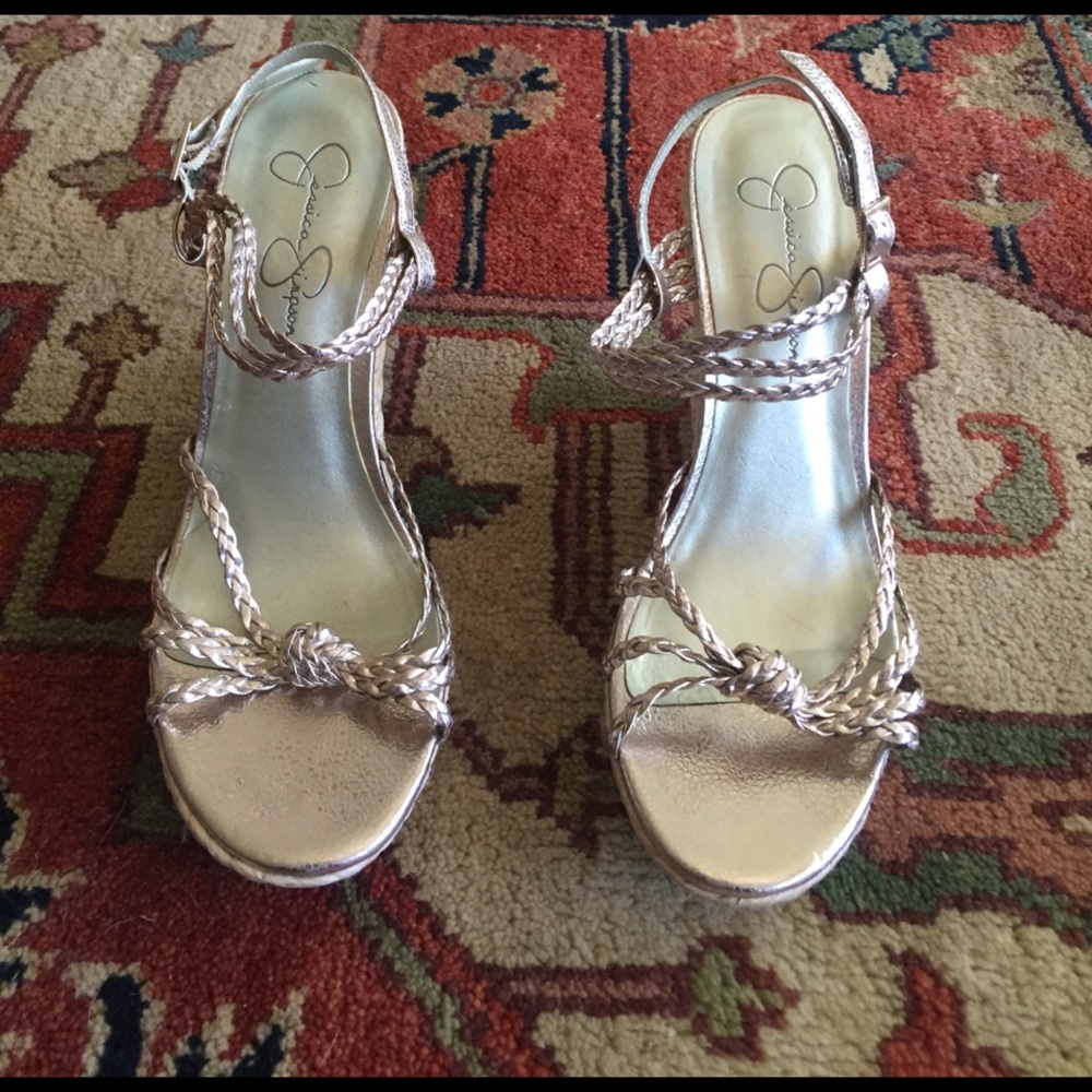 Jessica Simpson Gold Straw Wedge Sandals