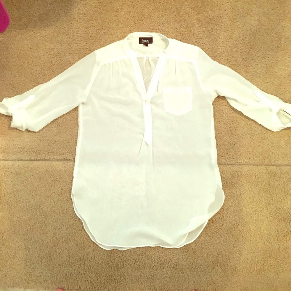 Sheer white blouse, button up, half sleeves