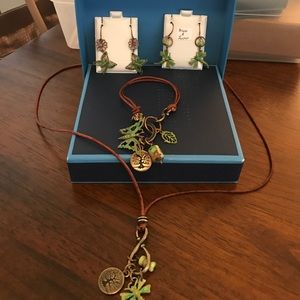 Brass & jasper earring, bracelet, necklace set