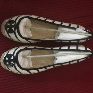 Navy & white striped Tory Burch espadrilles, 10.5