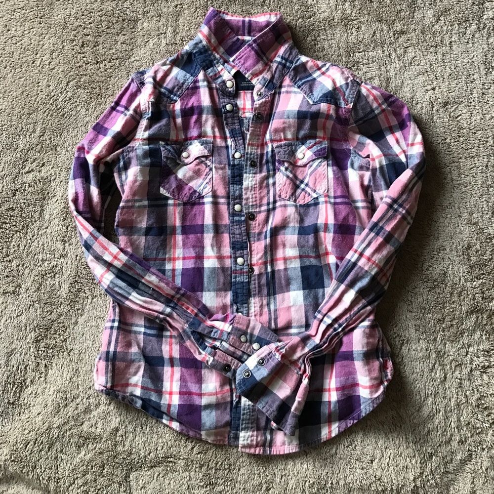 Navy and pink plaid button up