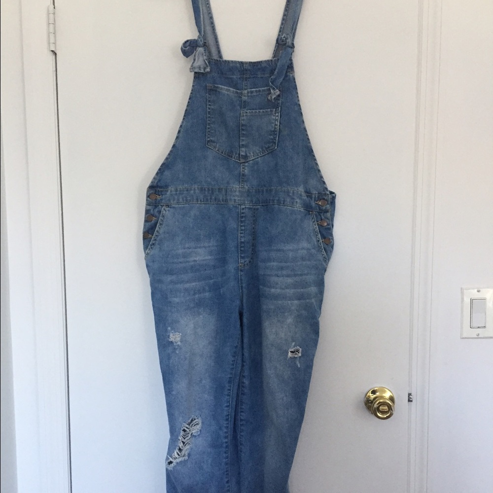 Lightwash Distressed Denim Overalls