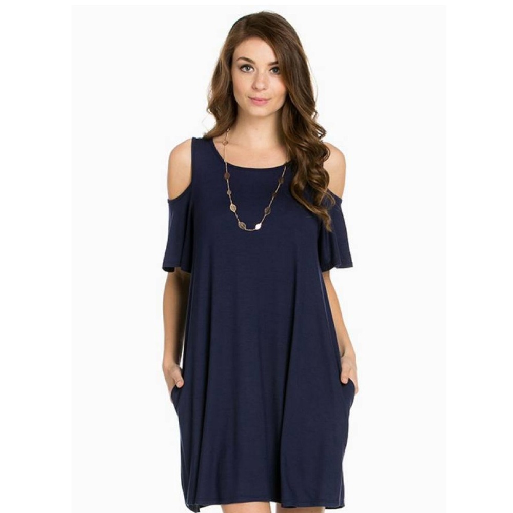 🎉HP🎉 Navy Cold-Shoulder Pocket Dress