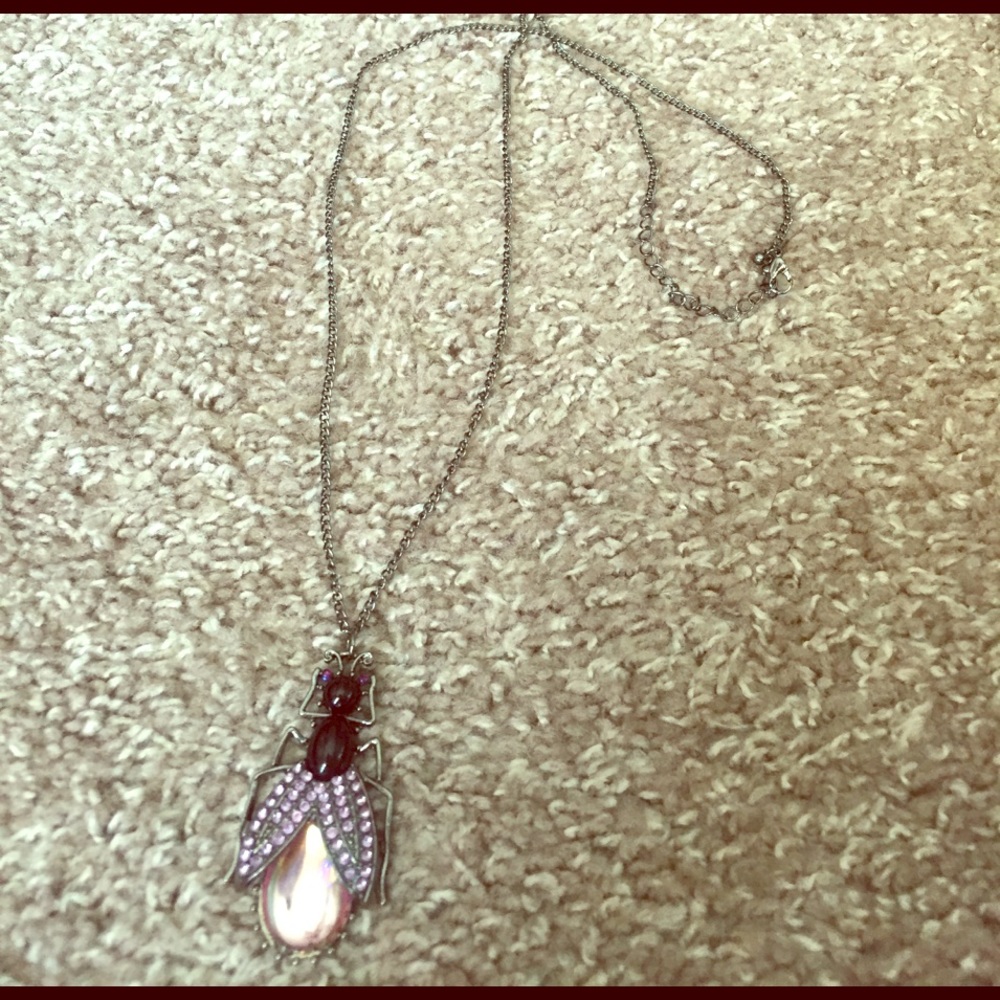 Long chain purple and black insect necklace