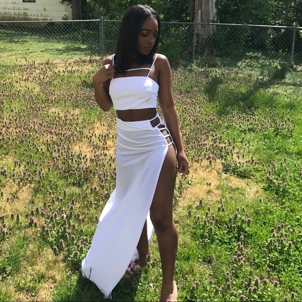 White Velvet Crop Top and Skirt Set