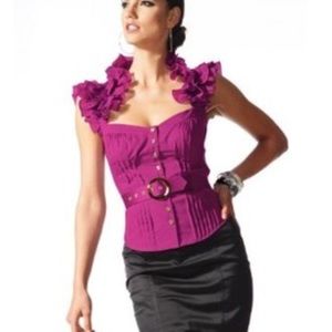 Bebe green flutter collar belted blouse