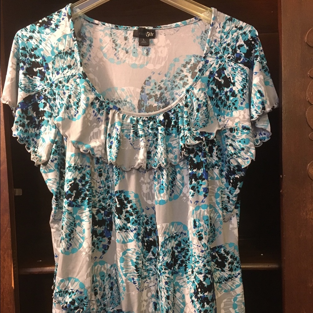 Teal, Black and White Ruffled Blouse 👚