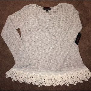NWT, soft open weave gray sweater w/ lace trim.
