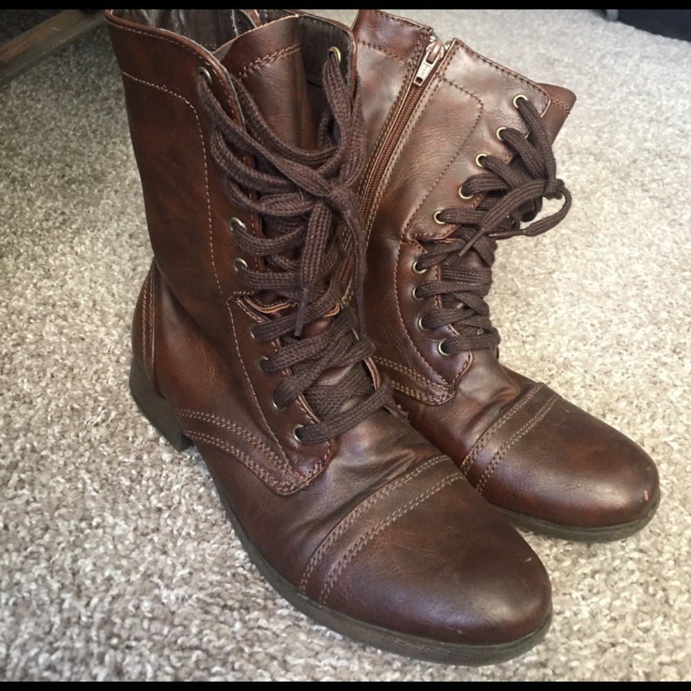 Zip up brown leather combat boots