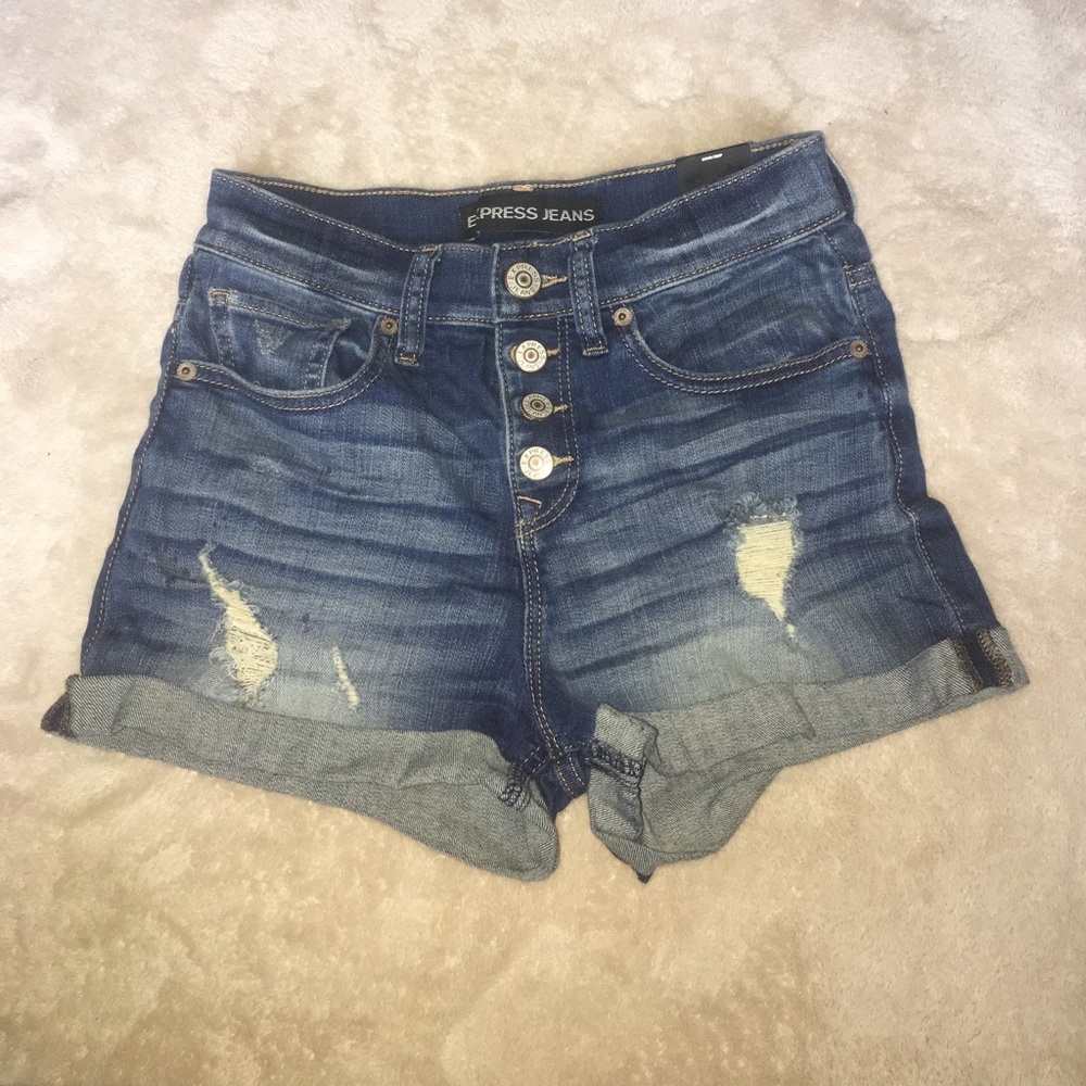 Express High waisted medium wash jean shorts