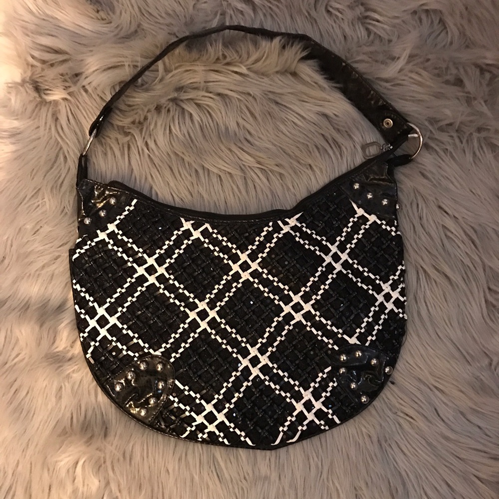 Black white woven hobo bag