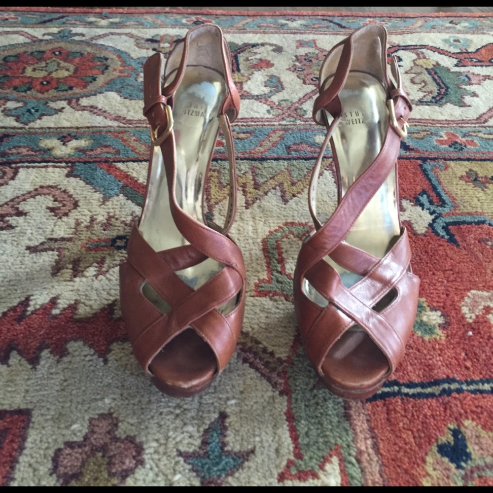 Stuart Weitzman Cognac Wood Sole Sandals