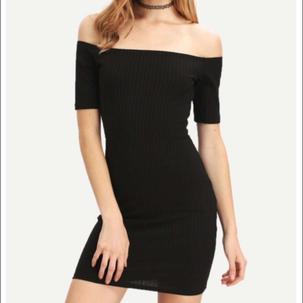Black off the shoulder lace up back dress