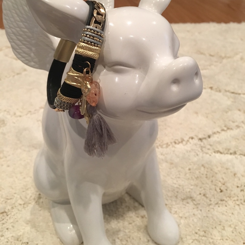 Black faux leather and gold charm bracelet