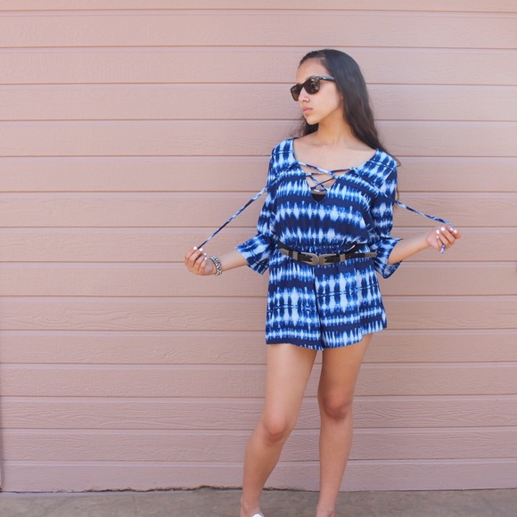 Boutique Pants - Tie-Dye Blue Lace-Up 3/4 Sleeve Romper