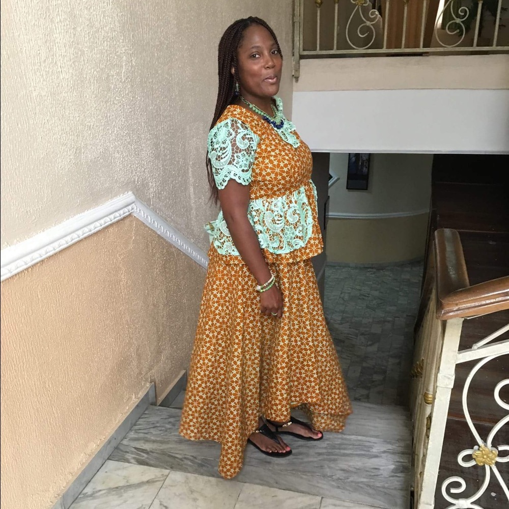 Women Gold & Mint Lace & Ankara Peplum Top & Skirt