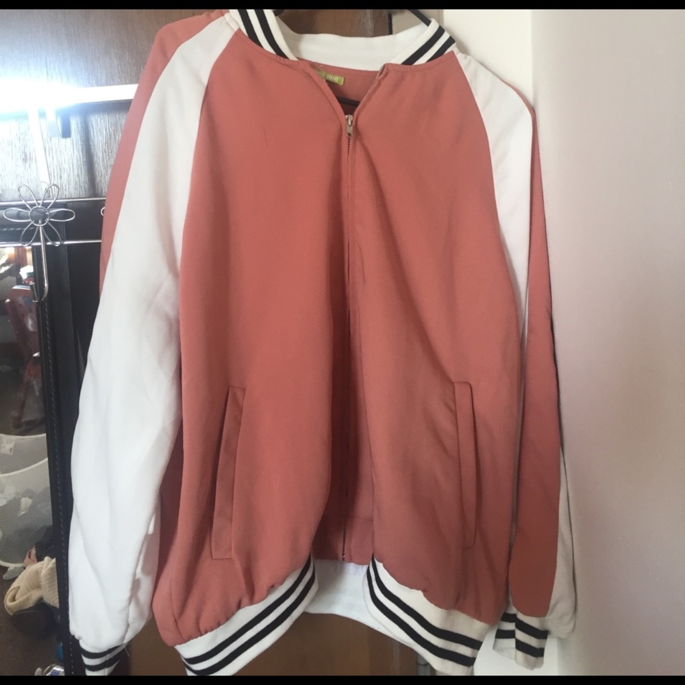Embroidered Salmon Floral Bomber Jacket