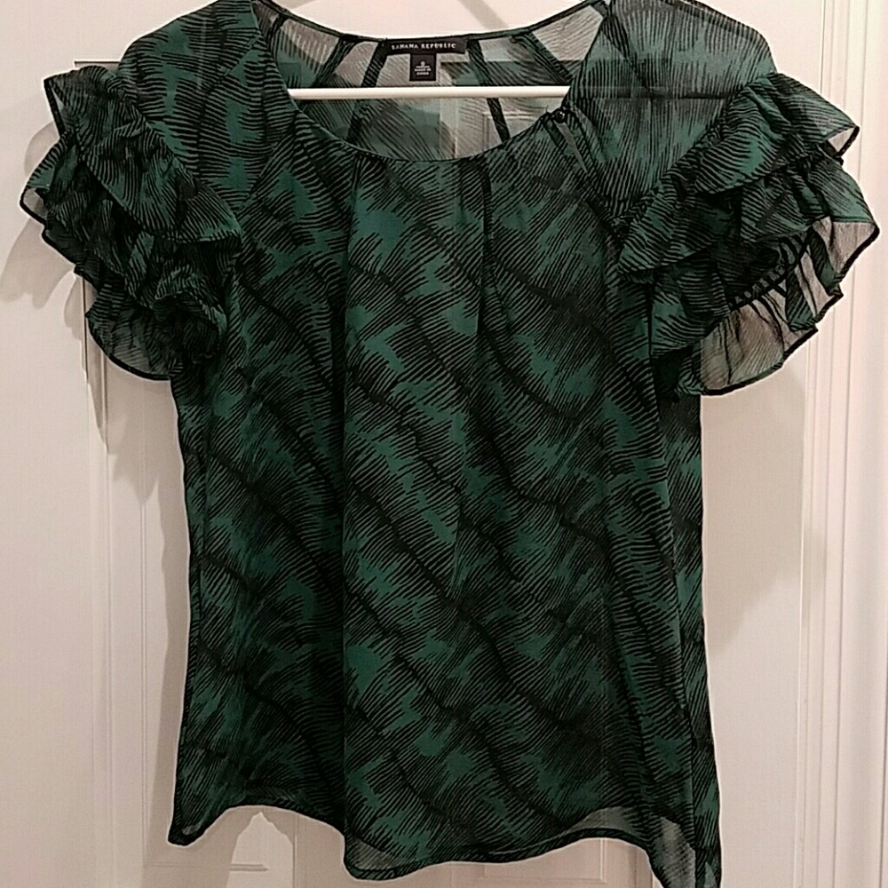 Black/green sheer blouse with ruffle sleeves small
