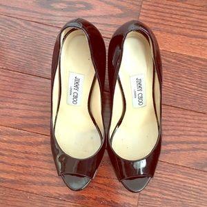 Jimmy Choo Black Patent Leather Peep Toe Wedges
