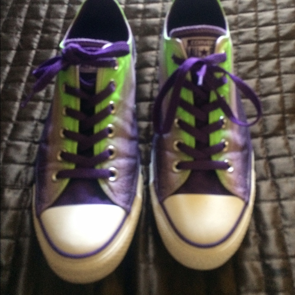 Purple and lime green converse
