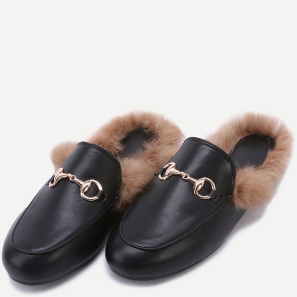 Black leather fur Loafers