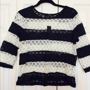 Blue and white striped lace blouse