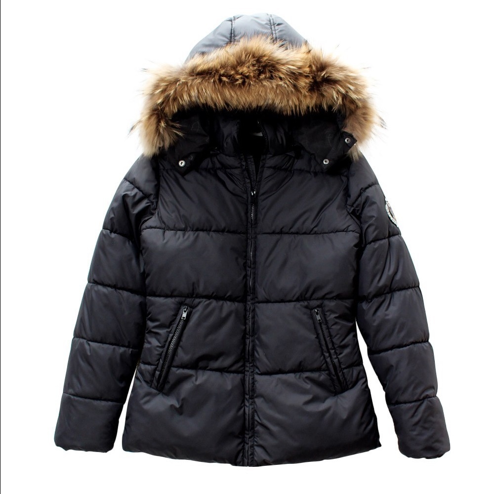 Black puffy winter coat with fur