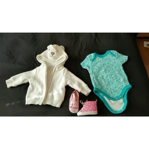 Sweater, onesie and newborn sized shoes!
