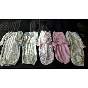 3 gowns and 2 swaddle me sleep sacks
