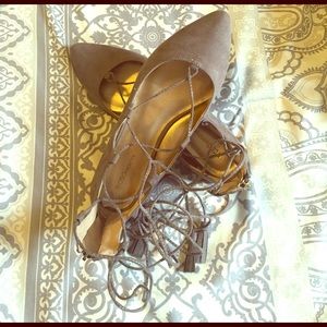 BCBG Grey Pointed Toe Lace-Up Flats