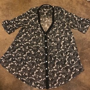 Black and white floral semi sheer button blouse