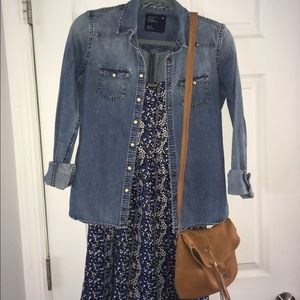 Blue floral dress and chambray shirt outfit
