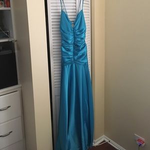 Spaghetti strap blue prom dress with open tie back