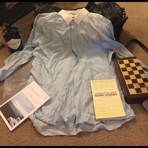 K. Cole linen button up, light blue, white collar