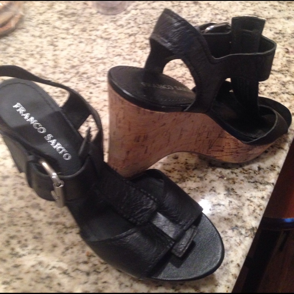 Franco Sarto Black Cork Wedge Sandal 9M