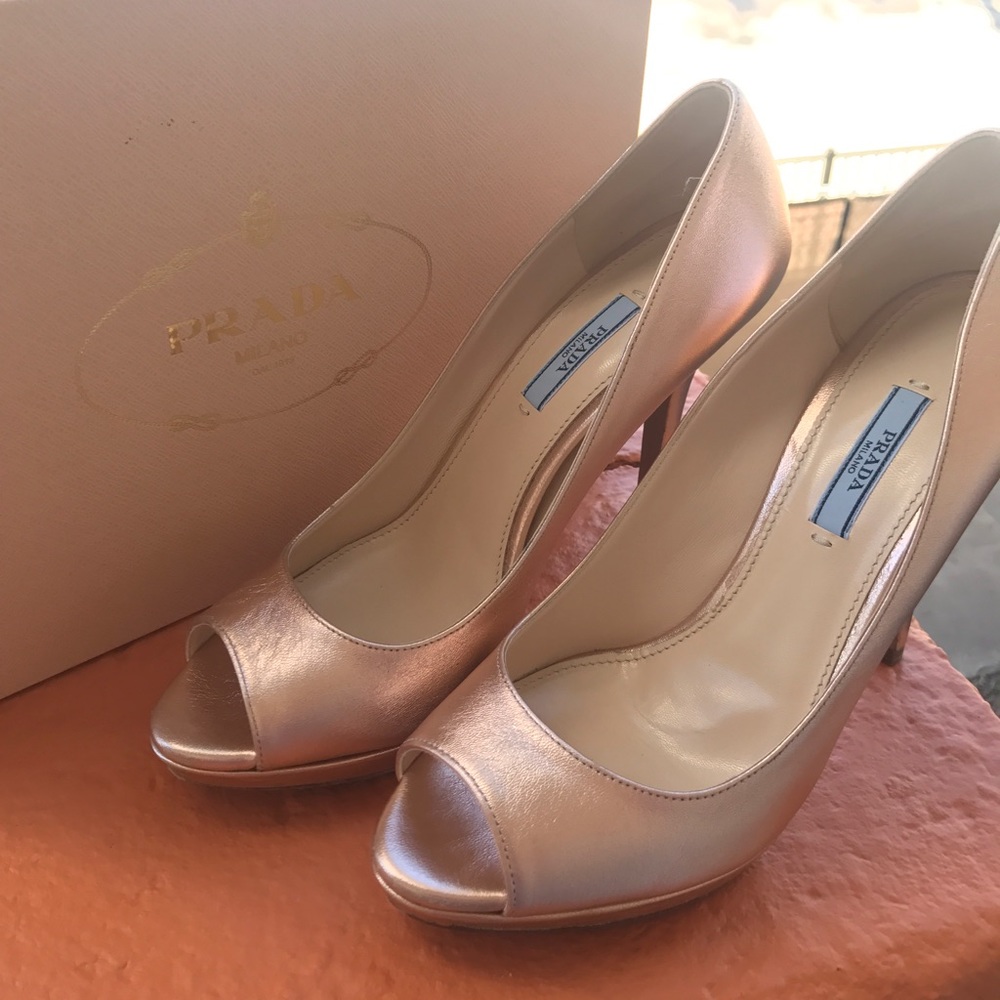 PRADA METALLIC PEEP-TOE PUMPS