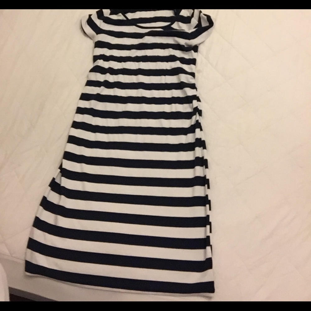 Blue and white striped maternity dress