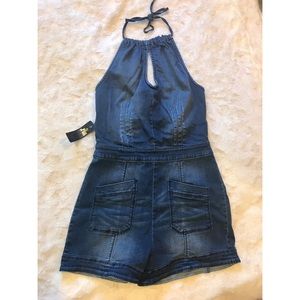 bebe denim halter romper, nwt