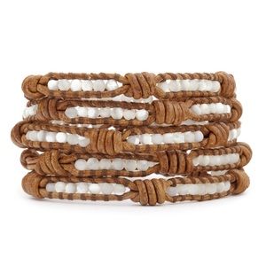 WHITE MOTHER OF PEARL WRAP ON KNOTTED BRWN LEATHER