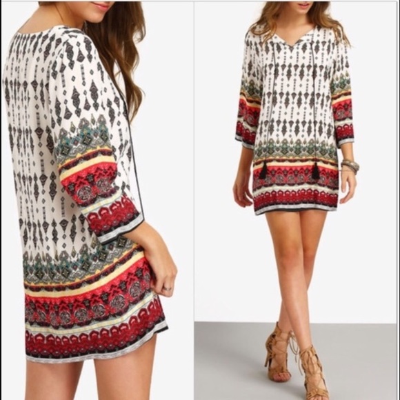 Boho Style Mixed Print Mini Dress - Picture 2 of 3
