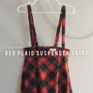 Mod Cloth Red Plaid Suspender Skirt